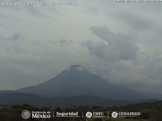 A large, dark mountain is visible through a cloudy sky.