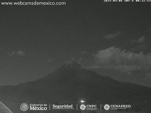 A nighttime long shot of a mountain range under a partly cloudy sky with some stars visible.
