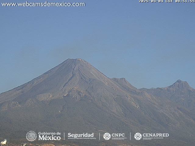 A large, dark-grey volcanic mountain range is visible under a clear, light-blue sky.
