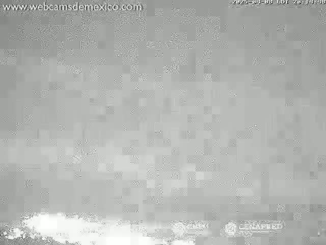 A blurry, grayscale image shows a mostly overcast sky with a faint, lighter area near the bottom.