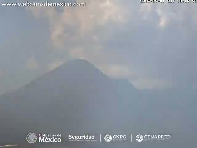 A hazy, overcast sky obscures a distant mountain.