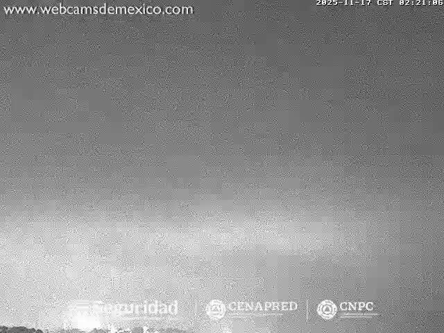 A grainy, grayscale night scene captures a brilliant, upward-reaching light source emanating from the lower foreground against a dark, overcast sky.