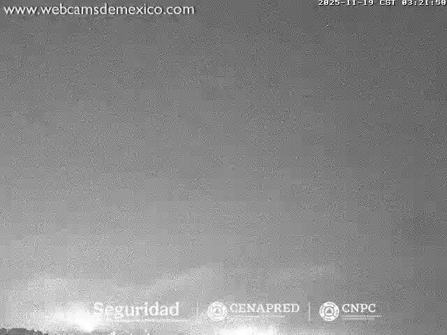 A grainy, grayscale night scene captures a brilliant, upward-reaching light source emanating from the lower foreground against a dark, overcast sky.