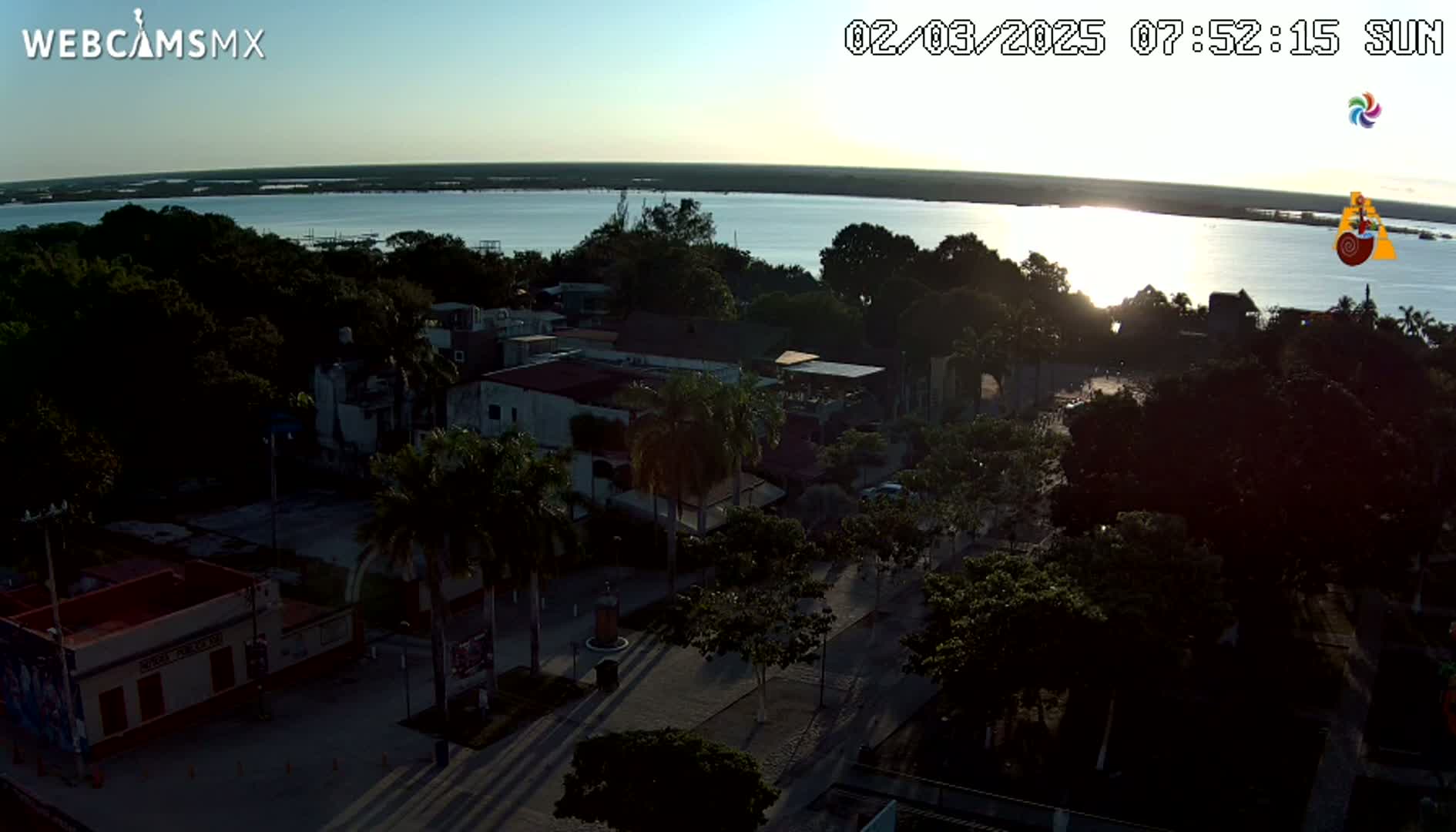 An aerial view at sunrise shows a town with palm trees lining streets near a calm body of water.