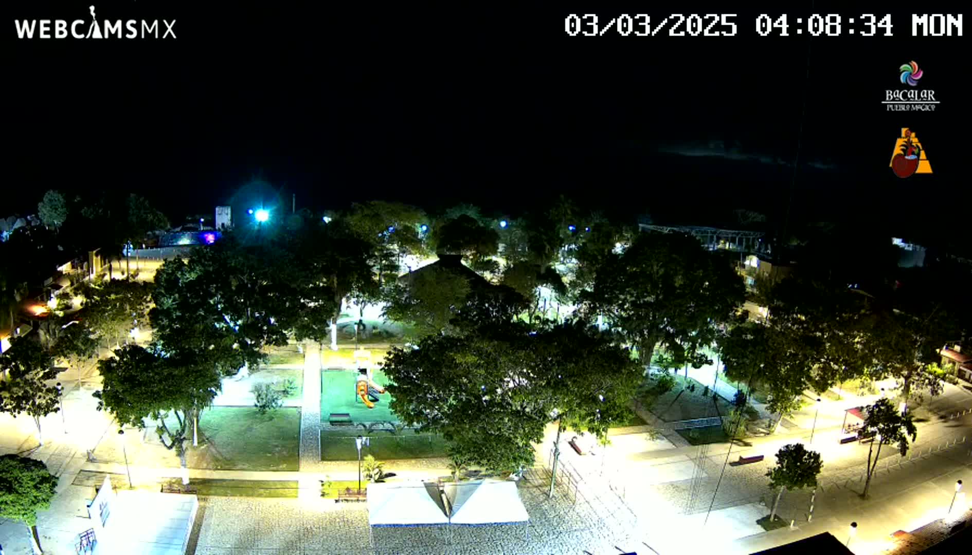 An aerial nighttime view of a park, illuminated by lights, with numerous trees and paved walkways.