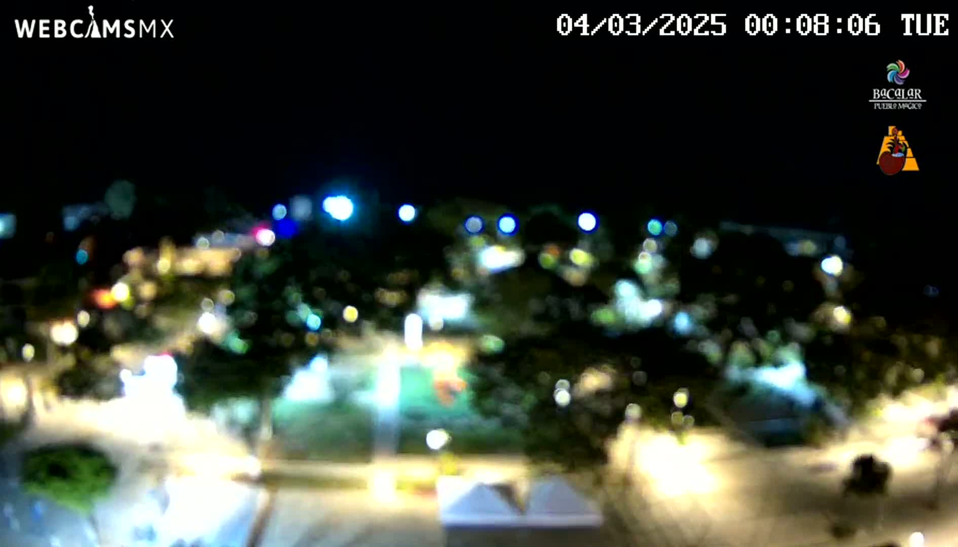 A blurry, nighttime aerial view shows an outdoor area with numerous lights illuminating trees and buildings.