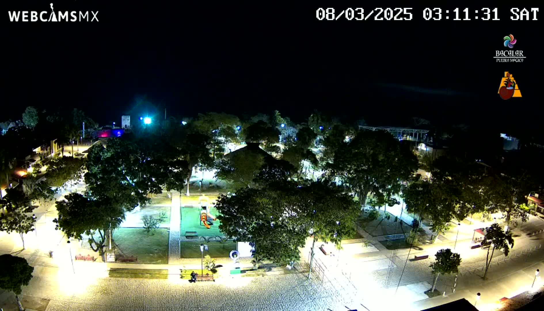 A nighttime aerial view of a park with playground equipment, surrounded by trees and illuminated by streetlights.