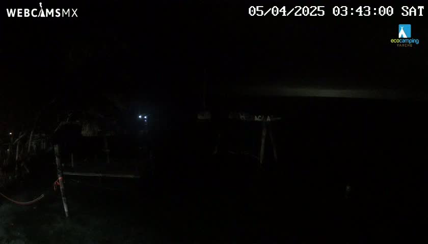 A dark nighttime scene shows a dimly lit waterfront area with a structure partially visible in the water.