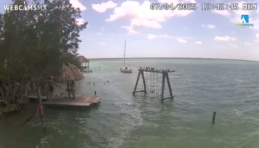 A partly cloudy day shows a tranquil body of water with a sailboat, a wooden swing set partially submerged, a small dock with people near a thatched-roof structure, and lush green vegetation along the shoreline.
