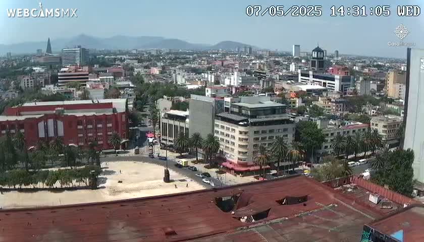 A high-angle, long shot on a clear day shows a sprawling city with numerous buildings of varying heights and styles, many palm trees lining the streets, and a large, mostly empty plaza in the foreground.
