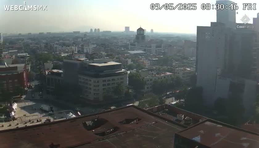 A hazy, high-angle view shows a sprawling cityscape of numerous buildings under a mostly clear sky.
