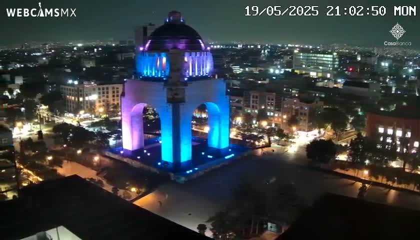 A large monument, illuminated in blue and purple, is situated in a city at night.
