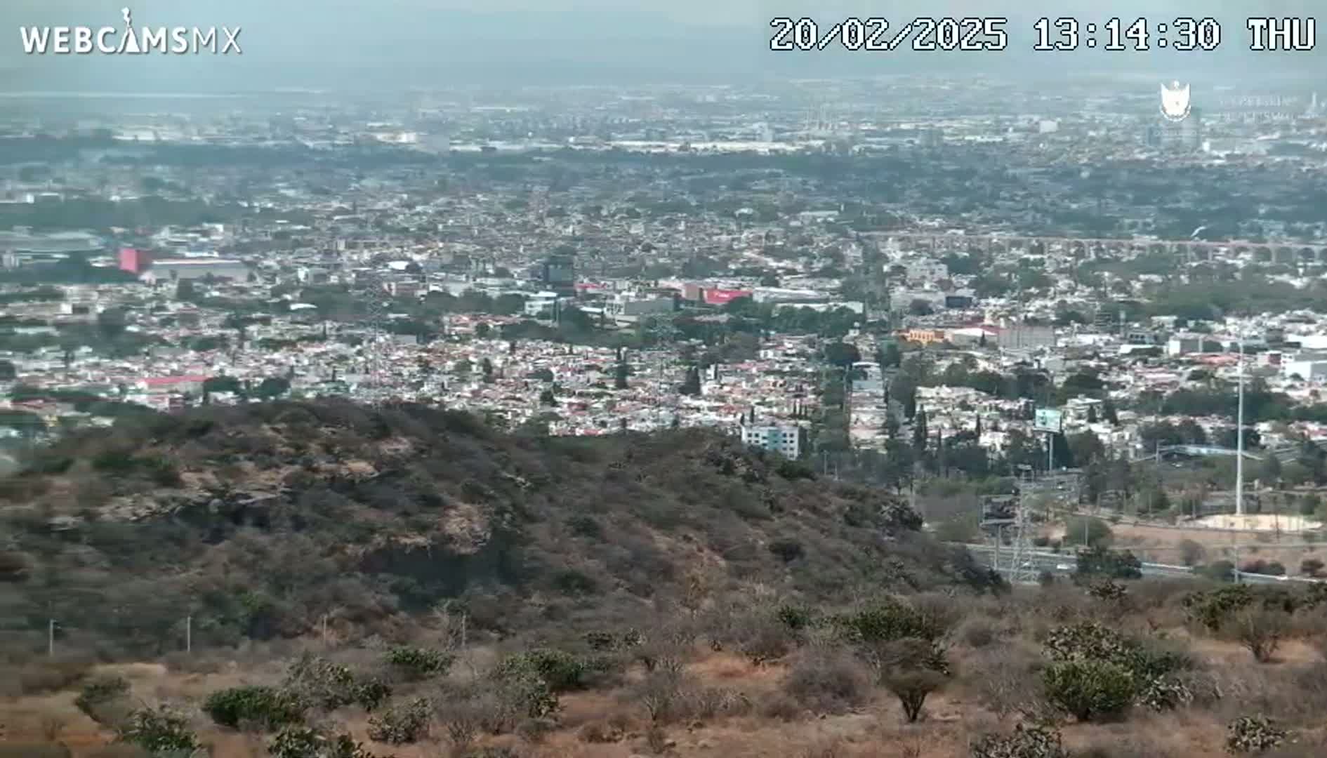 A hazy view from a hilltop shows a sprawling city extending to the horizon.