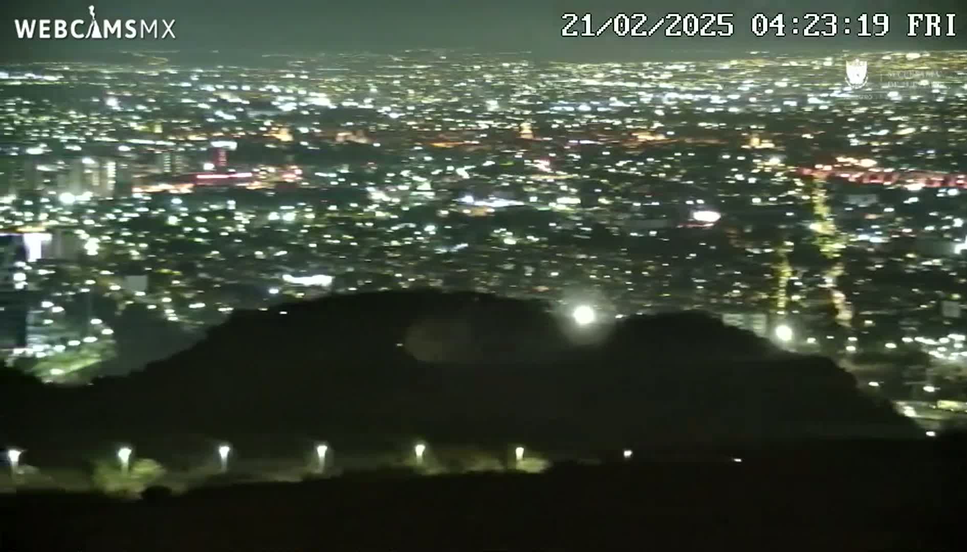 A nighttime view from a hilltop shows a sprawling city illuminated by countless lights.