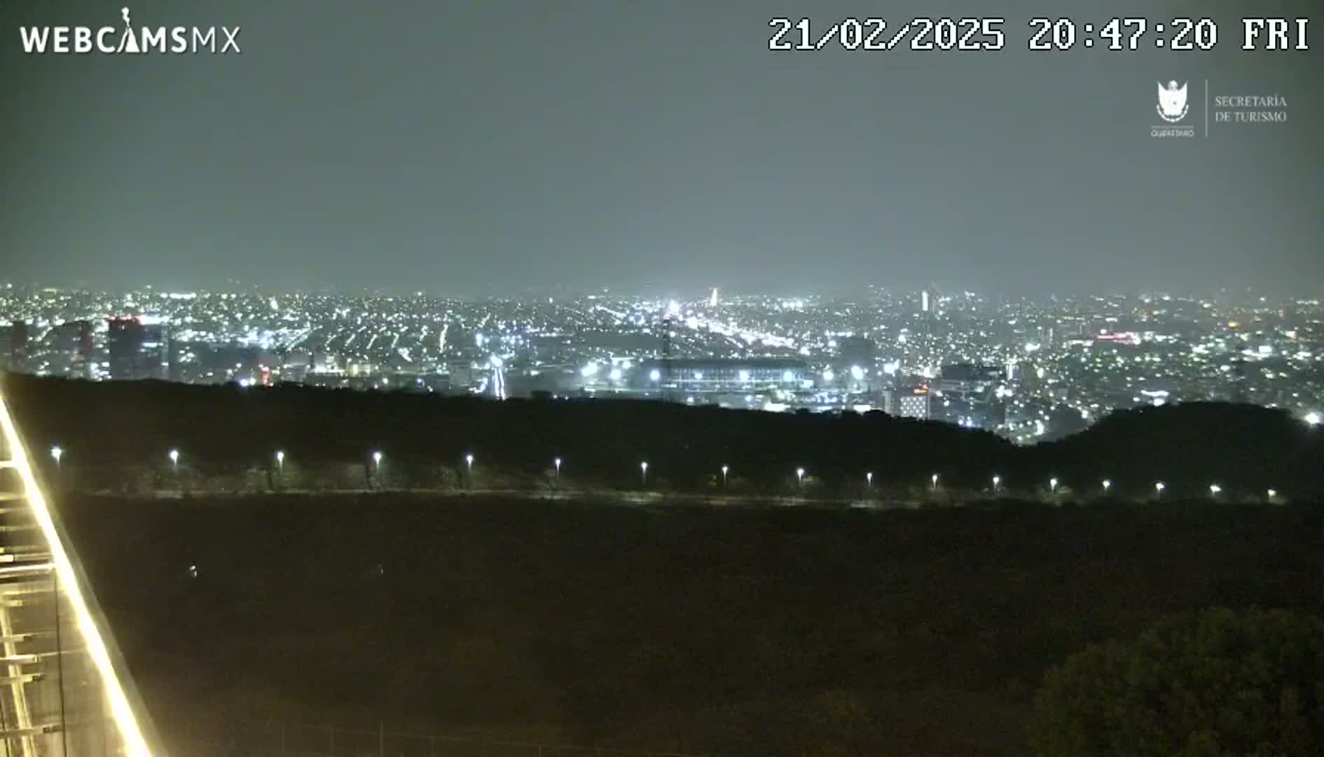 A nighttime view from a hilltop overlooking a sprawling city illuminated by many lights under a hazy sky.