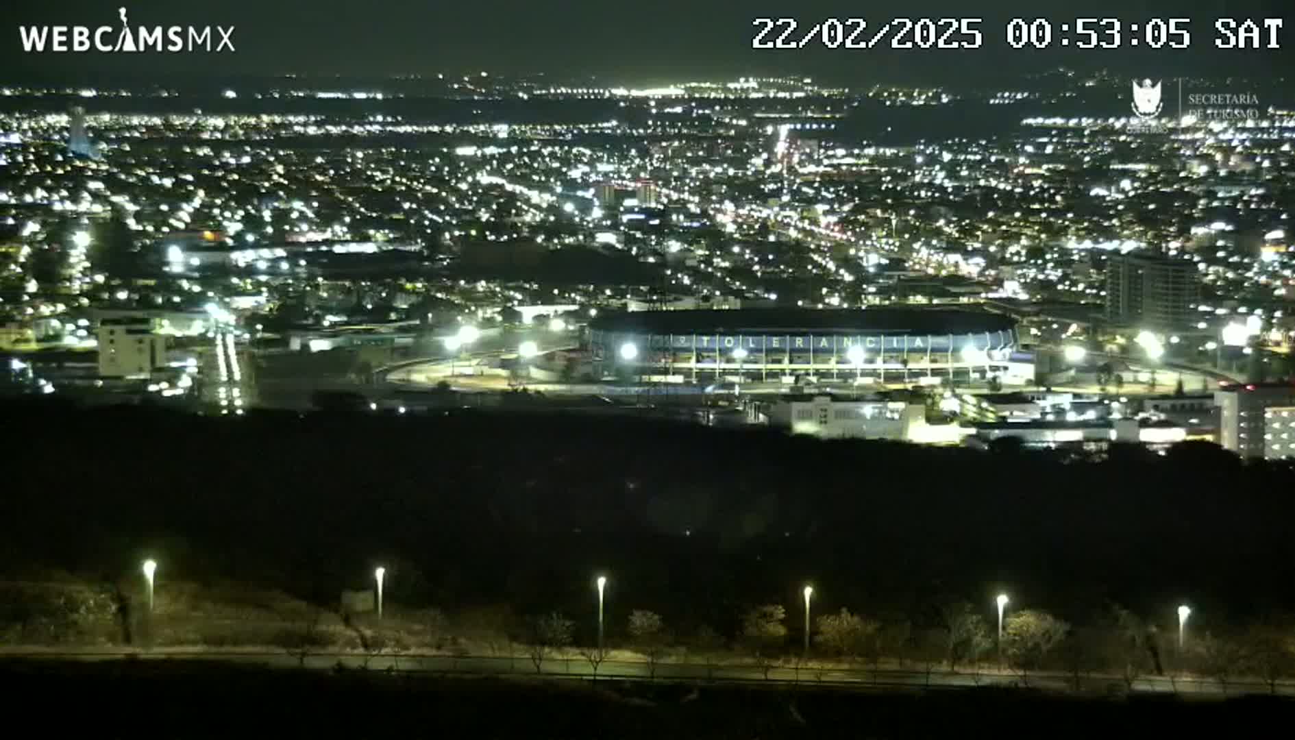 A nighttime, high-angle view shows a brightly lit city sprawling across a valley, including a stadium, with dark trees and a road in the foreground.