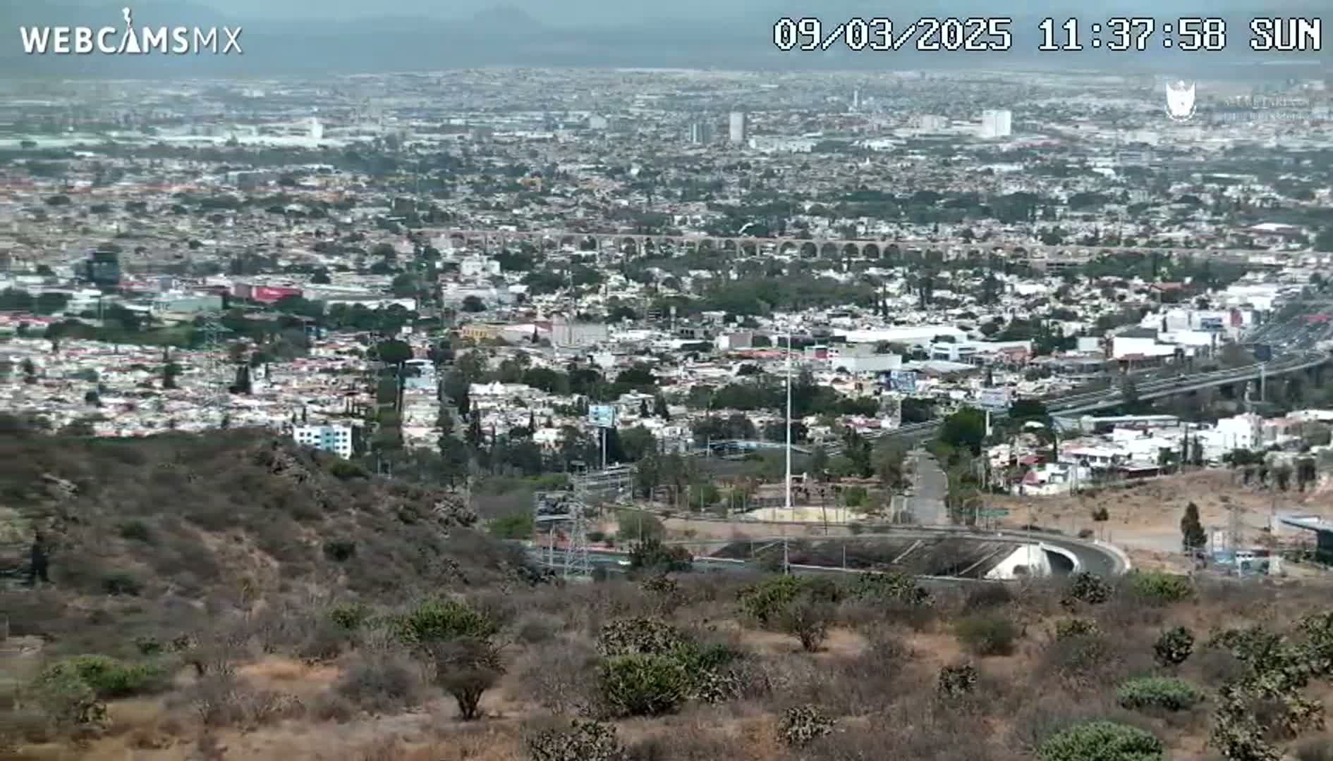 A sprawling city with a long aqueduct is viewed from a hilltop on a sunny day.