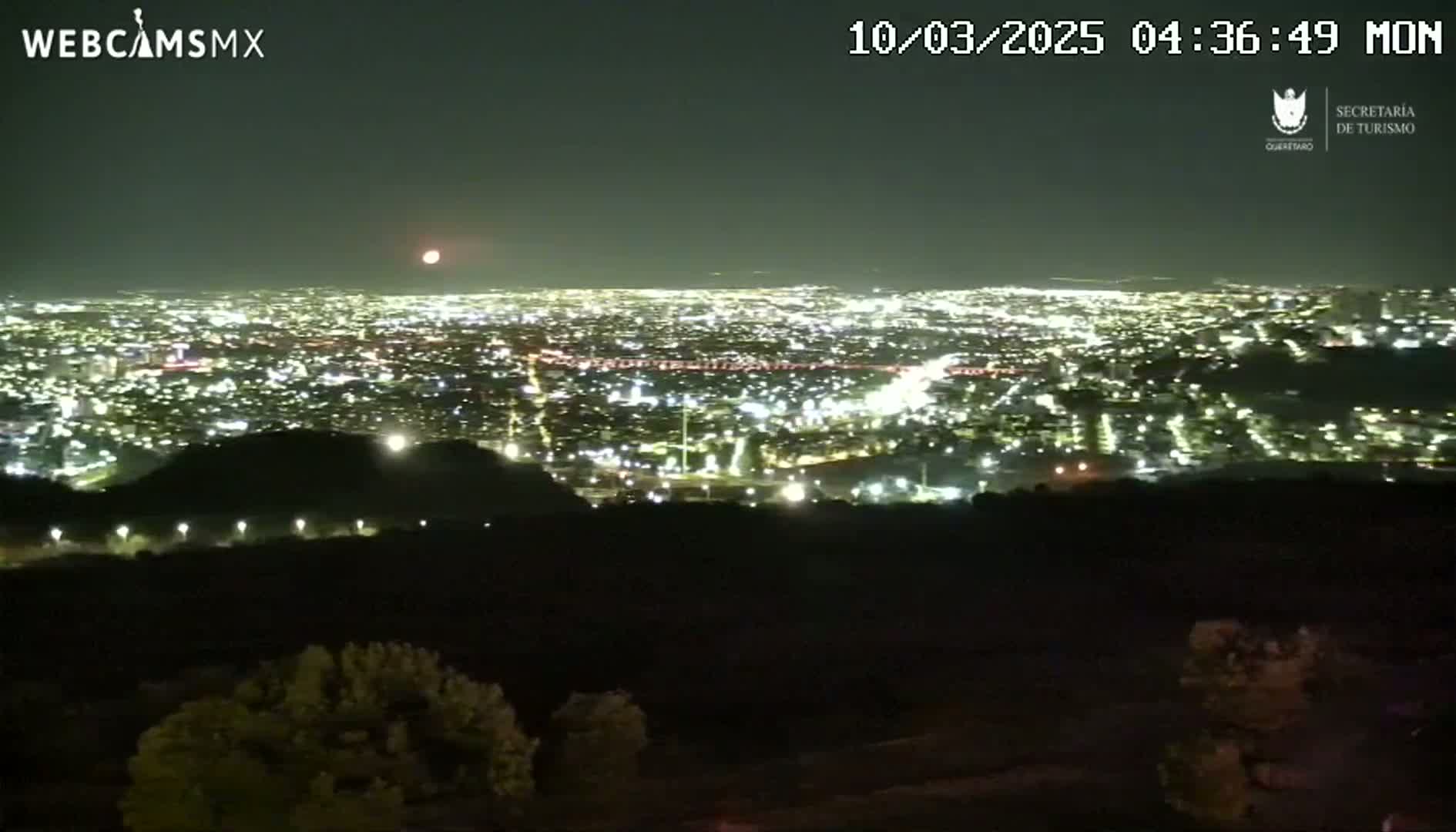 A nighttime view from a hilltop shows a sprawling city illuminated by countless lights under a clear sky, with a reddish celestial body visible in the distance.