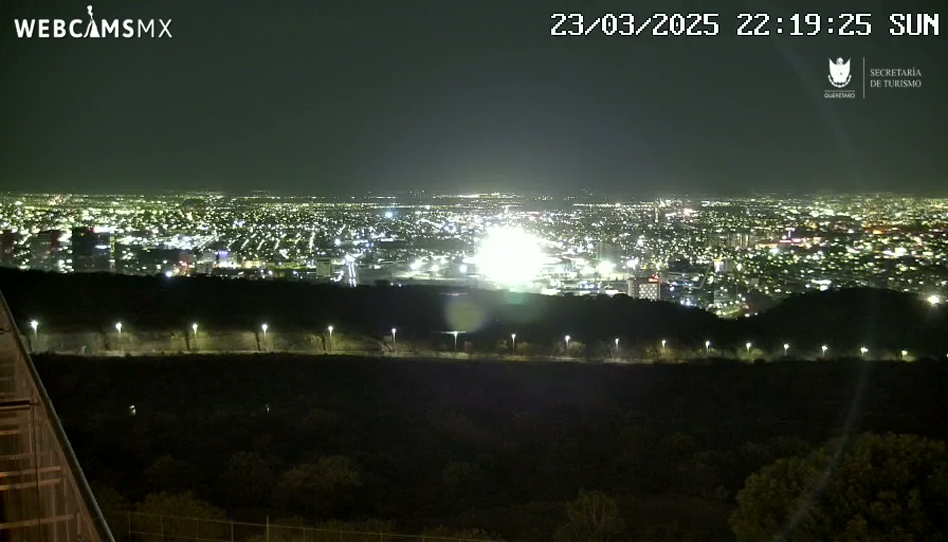 A nighttime view from a hilltop overlooking a brightly lit city, under a clear sky.