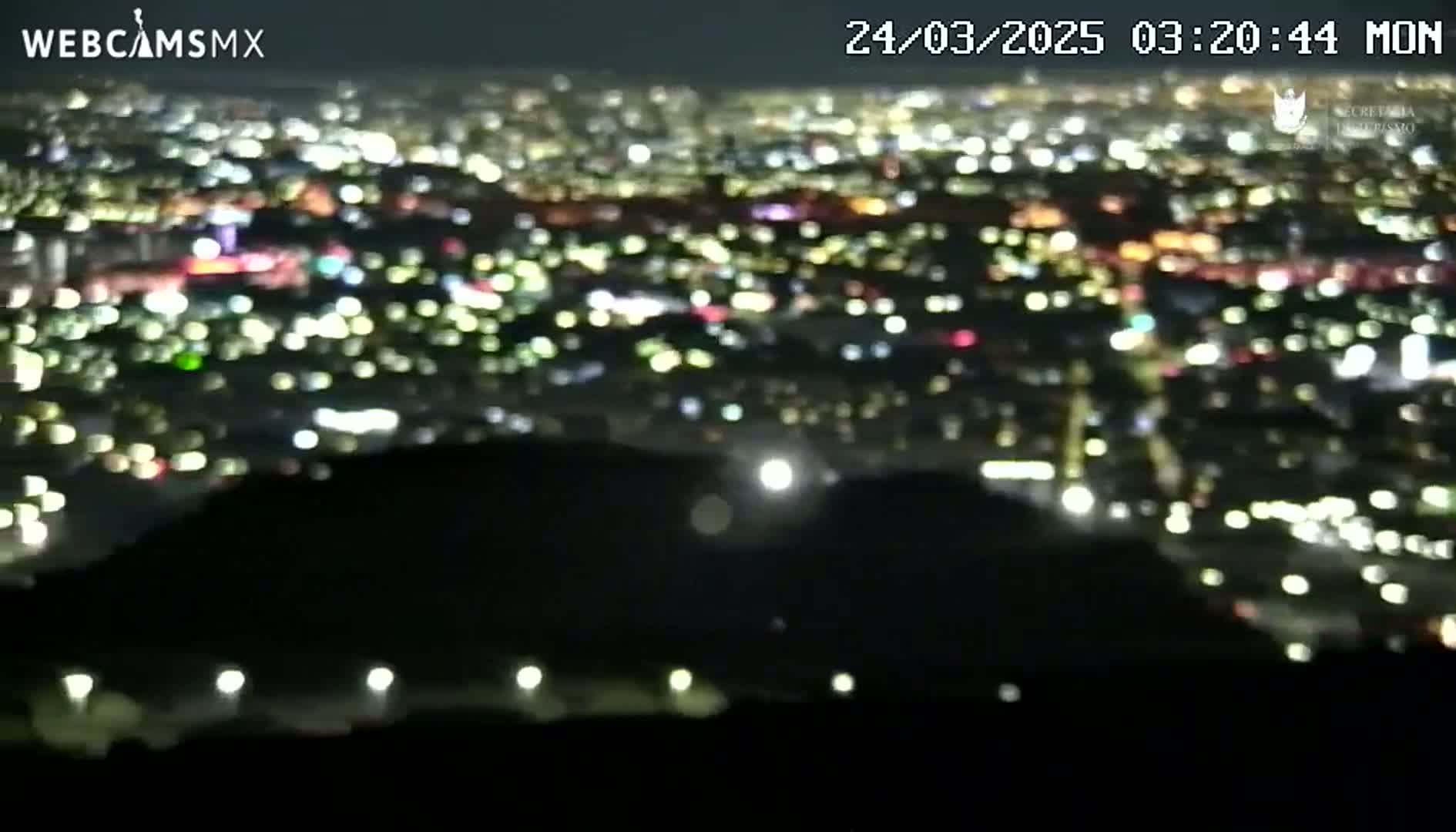 A nighttime, blurry view from a high vantage point shows a sprawling city illuminated by countless lights below.