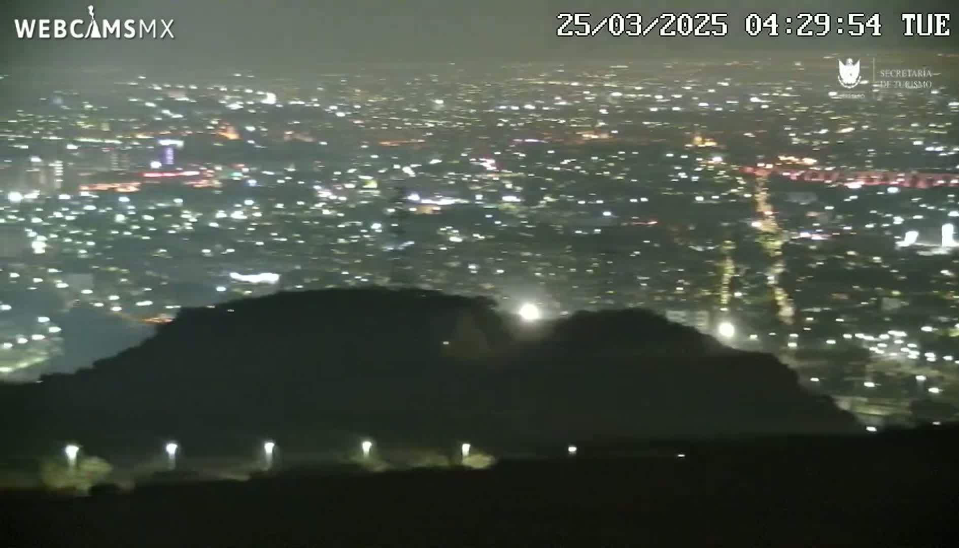 A nighttime, hazy view shows a sprawling city illuminated by countless lights below a dark hill.