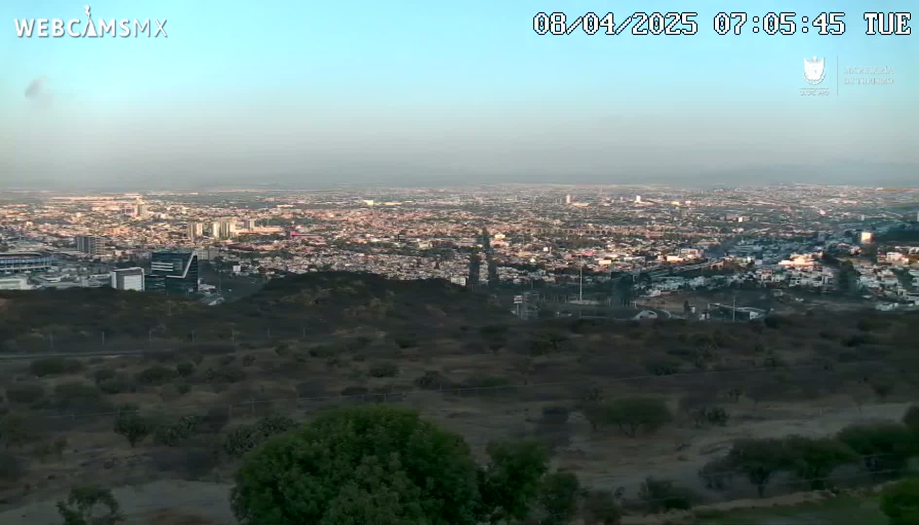 A sprawling city is seen from a hilltop vantage point under hazy, clear skies.