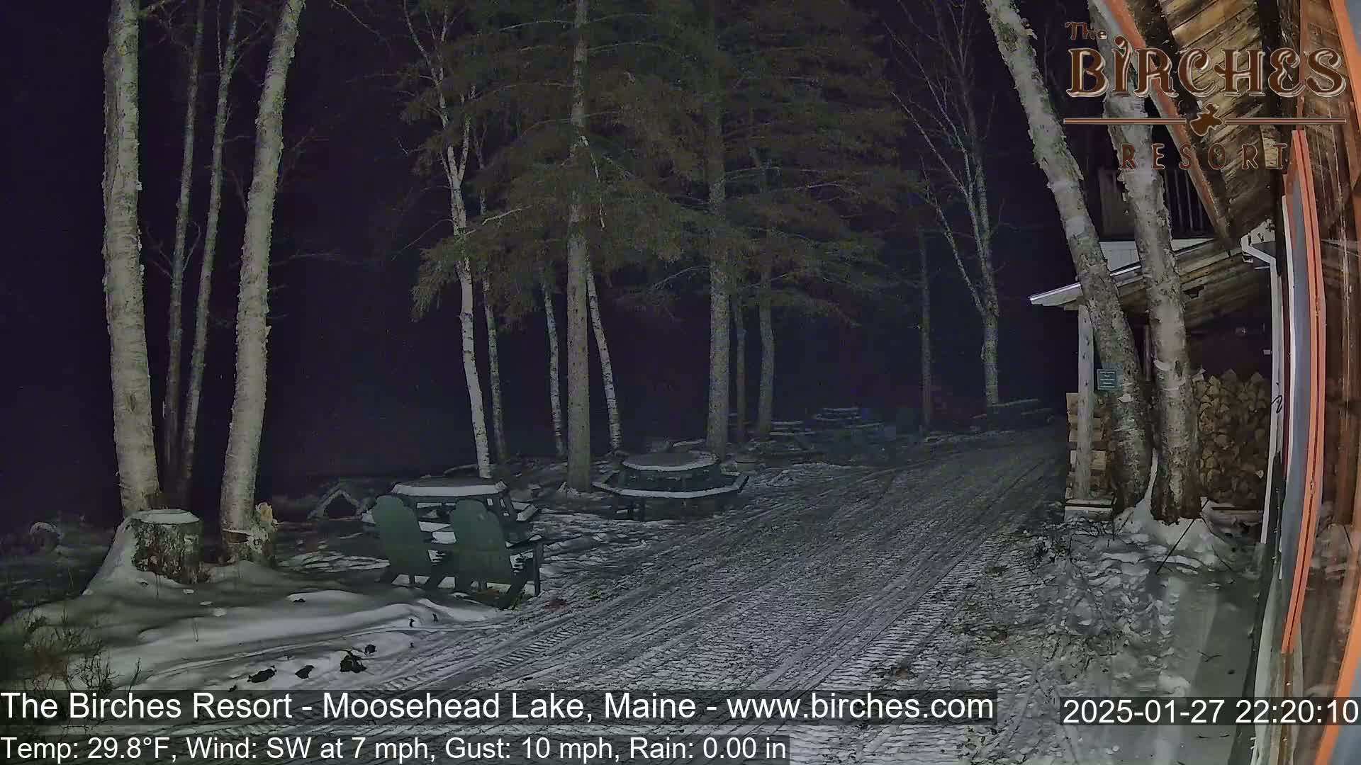 A snow-covered path leads to a building at night, flanked by birch trees and outdoor picnic tables under a dark sky with a southwest wind.