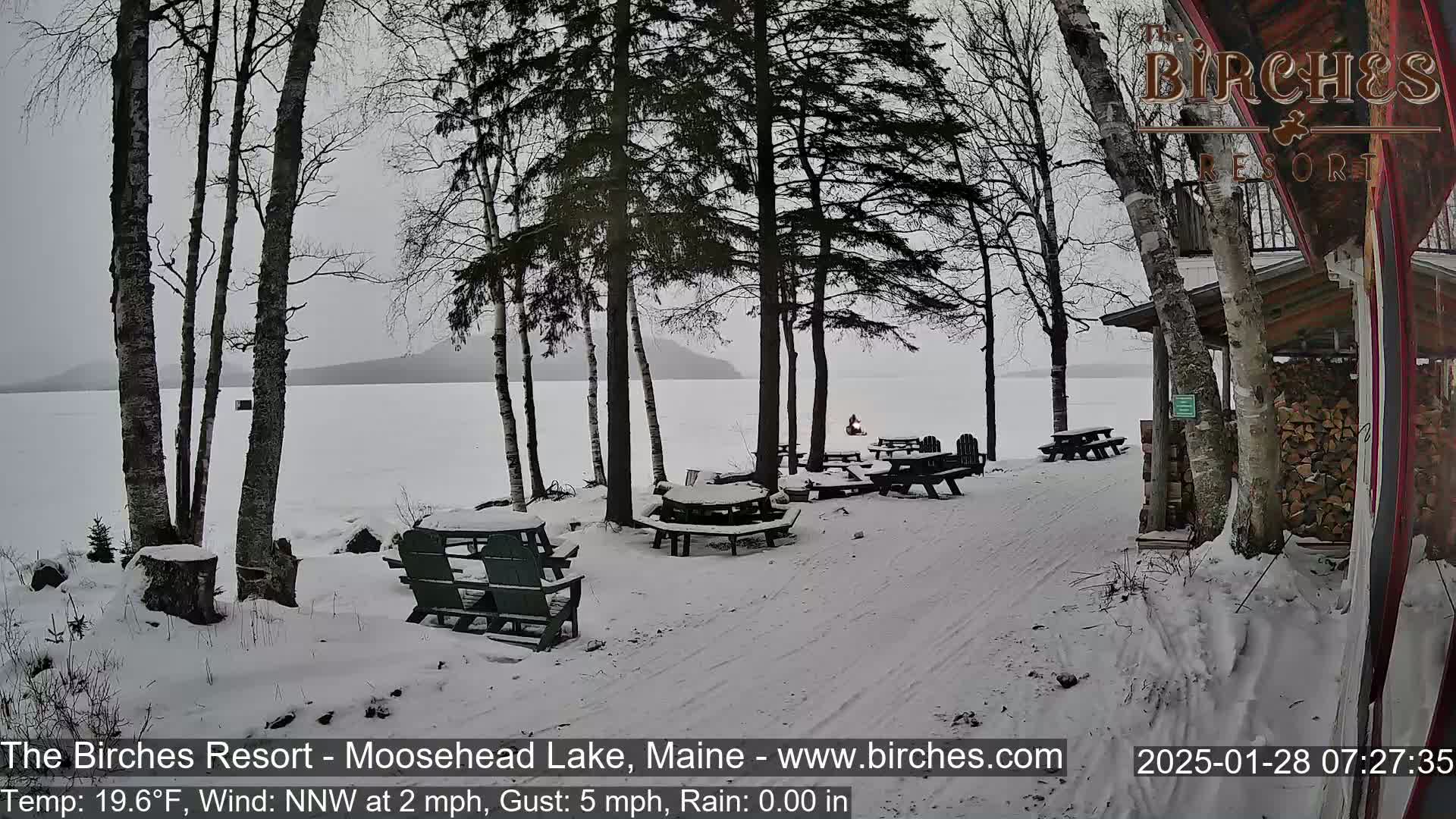 A snow-covered lakeside picnic area with several empty tables and chairs, a person on a snowmobile in the distance, and bare trees under an overcast sky.