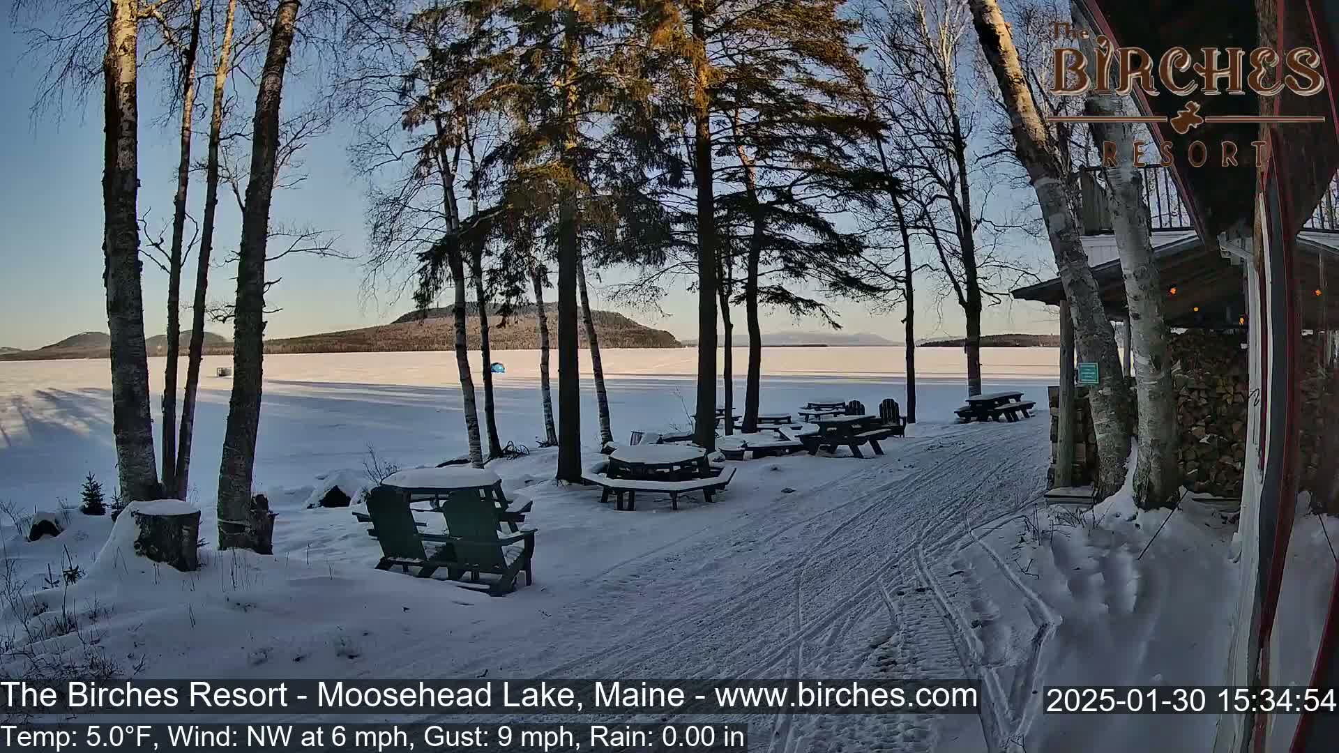 Snow-covered picnic tables and a snow-covered path sit near a frozen lake under a clear blue sky.