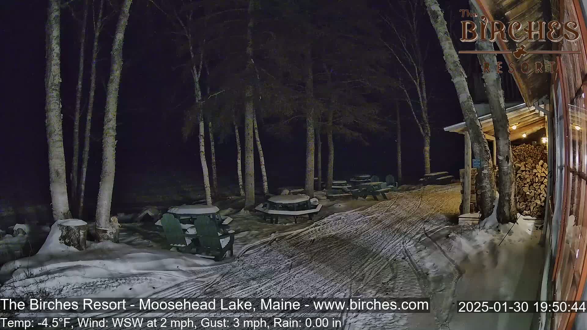 A snow-covered outdoor area at night, illuminated by a building, features several picnic tables and chairs under bare birch trees, with a light wind.