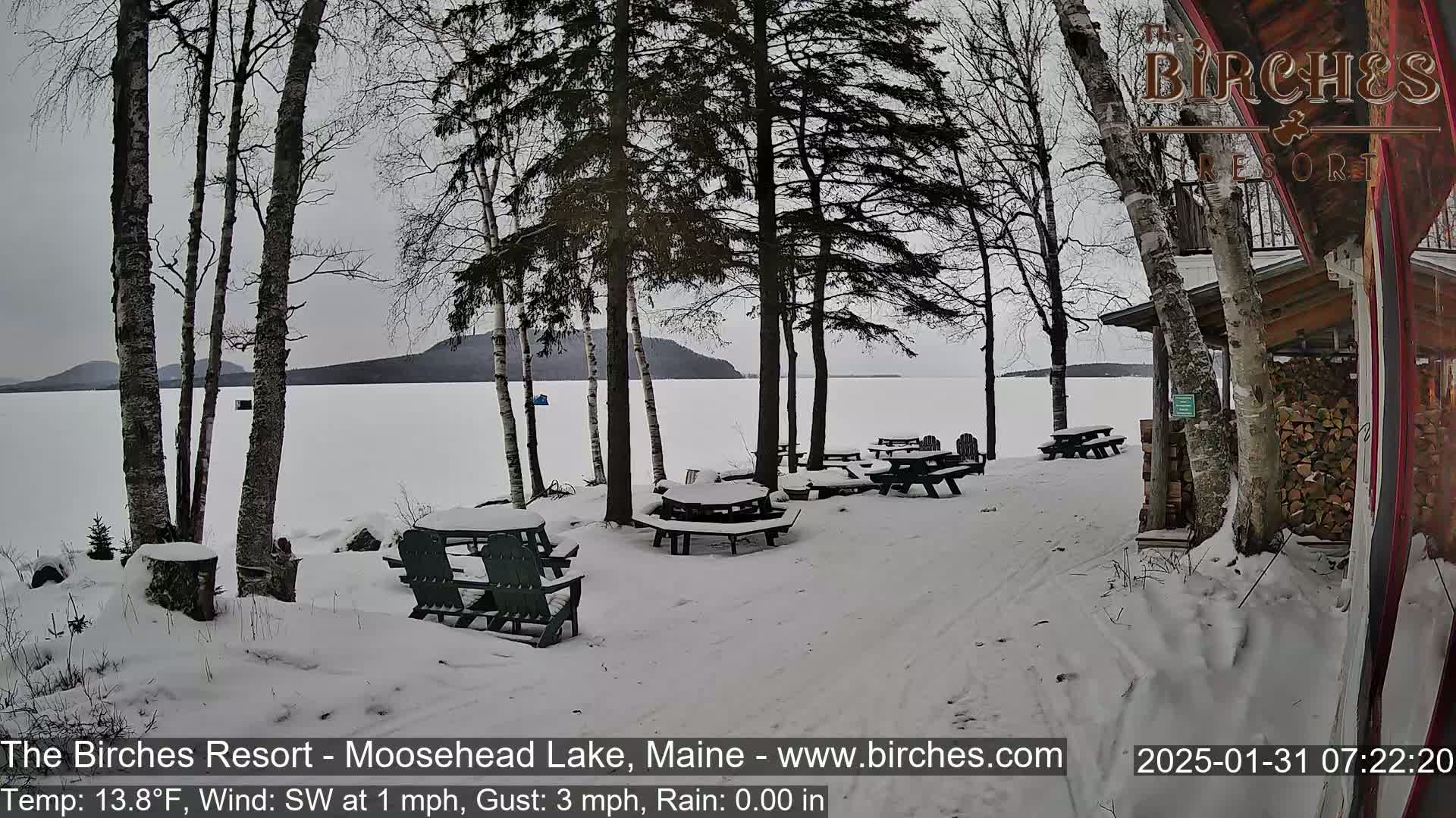 A snow-covered lakeside area with picnic tables and chairs under bare trees, overlooking a frozen lake on a cold, partly cloudy day.