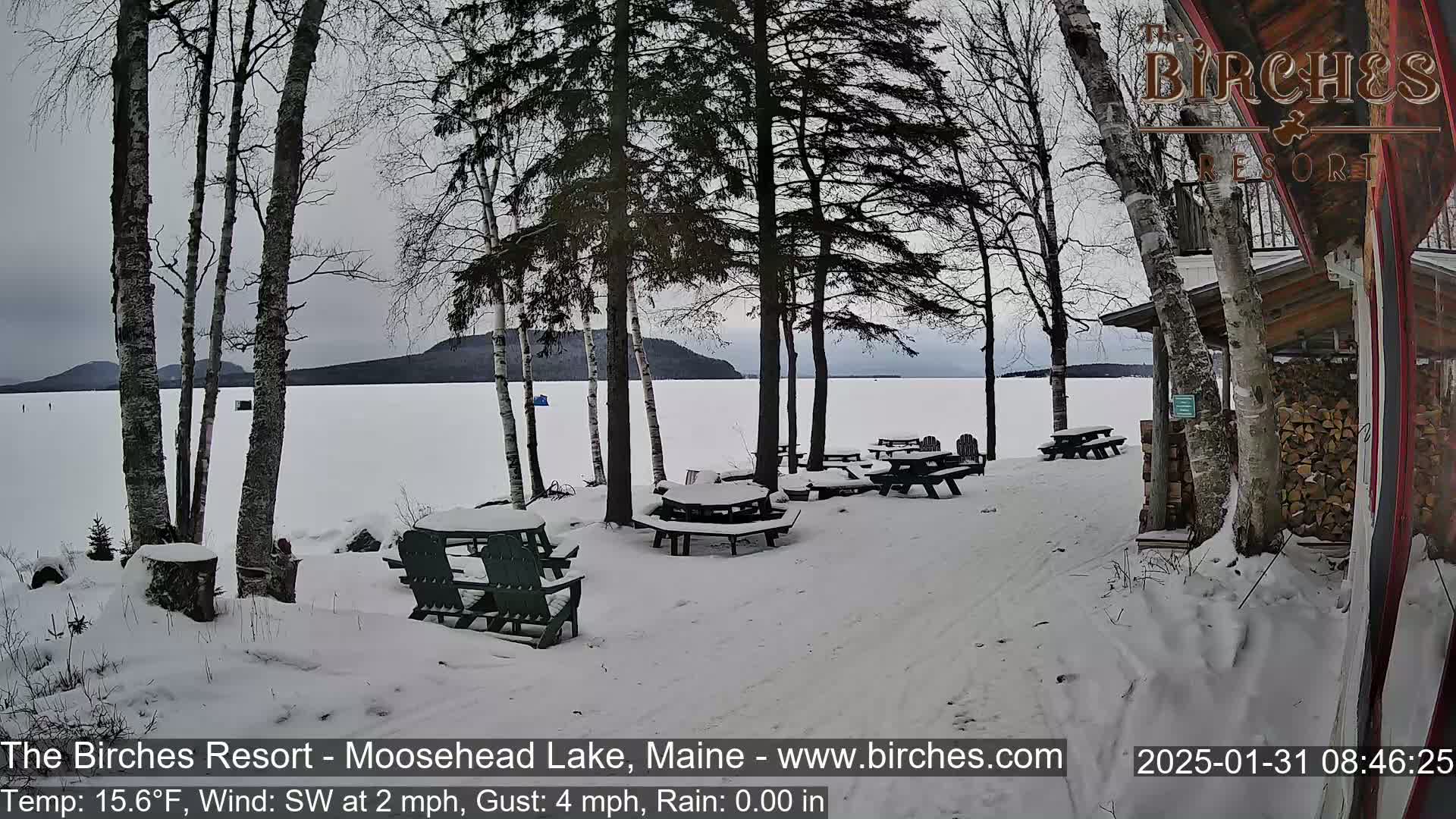 A snow-covered lakeside picnic area with several empty tables and chairs sits next to a building, overlooking a frozen lake under an overcast sky.