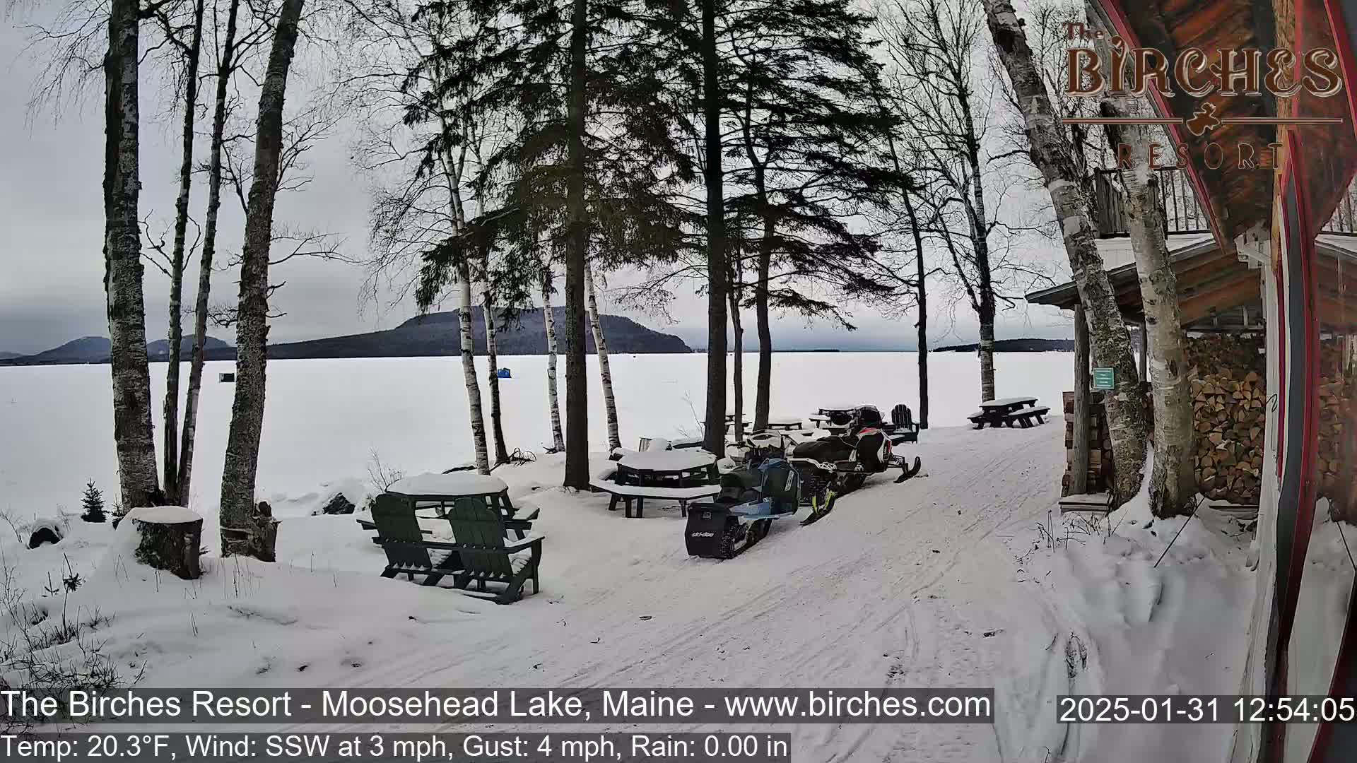 Snow-covered picnic tables and snowmobiles are parked near a snow-covered lakeshore, with several birch trees and a partially visible cabin in the foreground under an overcast sky.