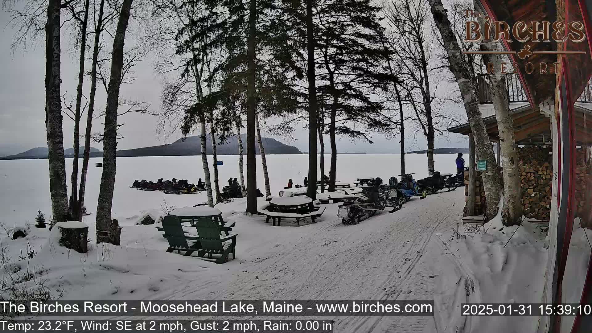 Snow-covered picnic tables and snowmobiles are parked near a snow-covered lakeshore with a calm, overcast sky and dark-colored trees.