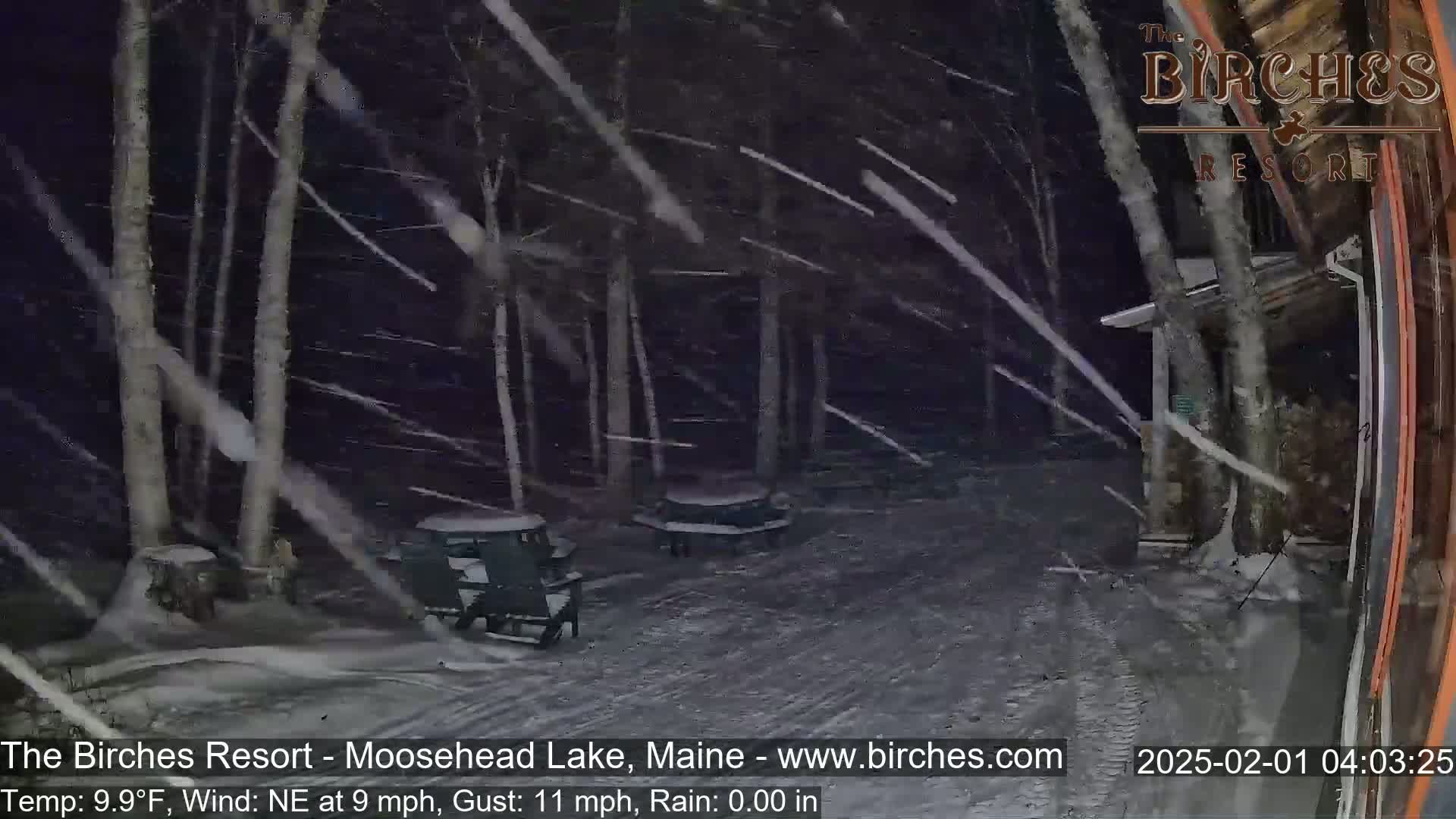 A snow-covered outdoor scene at night shows snow blowing horizontally through a wooded area with some outdoor furniture, partially obscured by heavy snowfall.