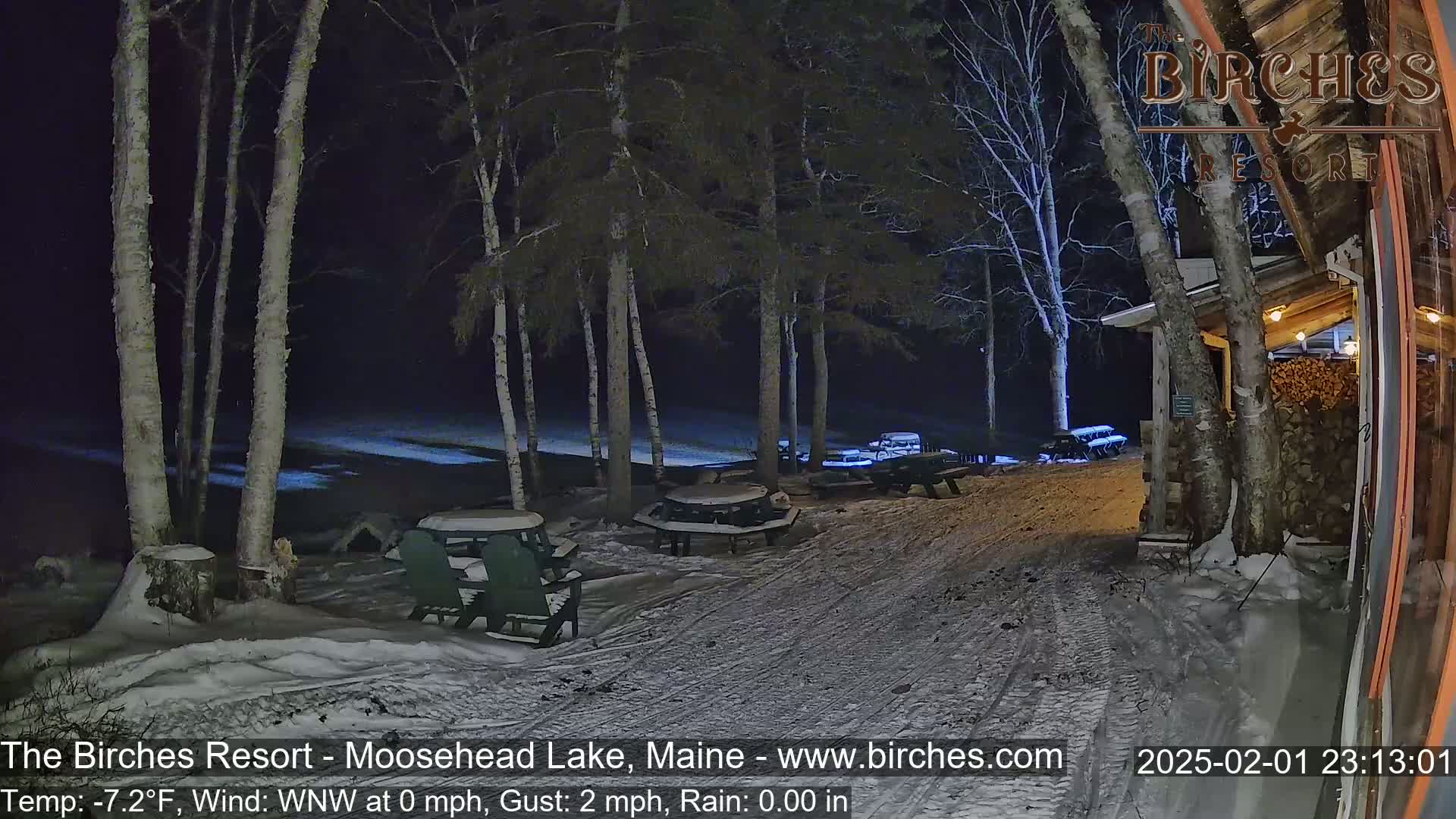 A snow-covered outdoor patio area at night, illuminated by lights, features several empty picnic tables and chairs under birch trees in the cold, with a calm wind.