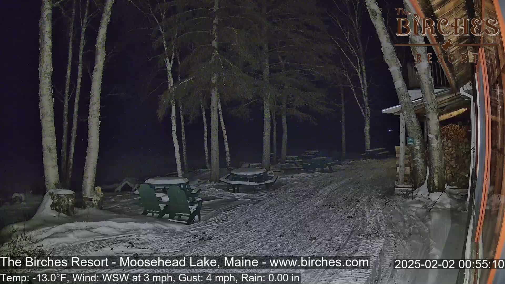 A snow-covered path leads to several snow-dusted picnic tables situated among birch trees at night under a dark sky; a building is visible to the right.