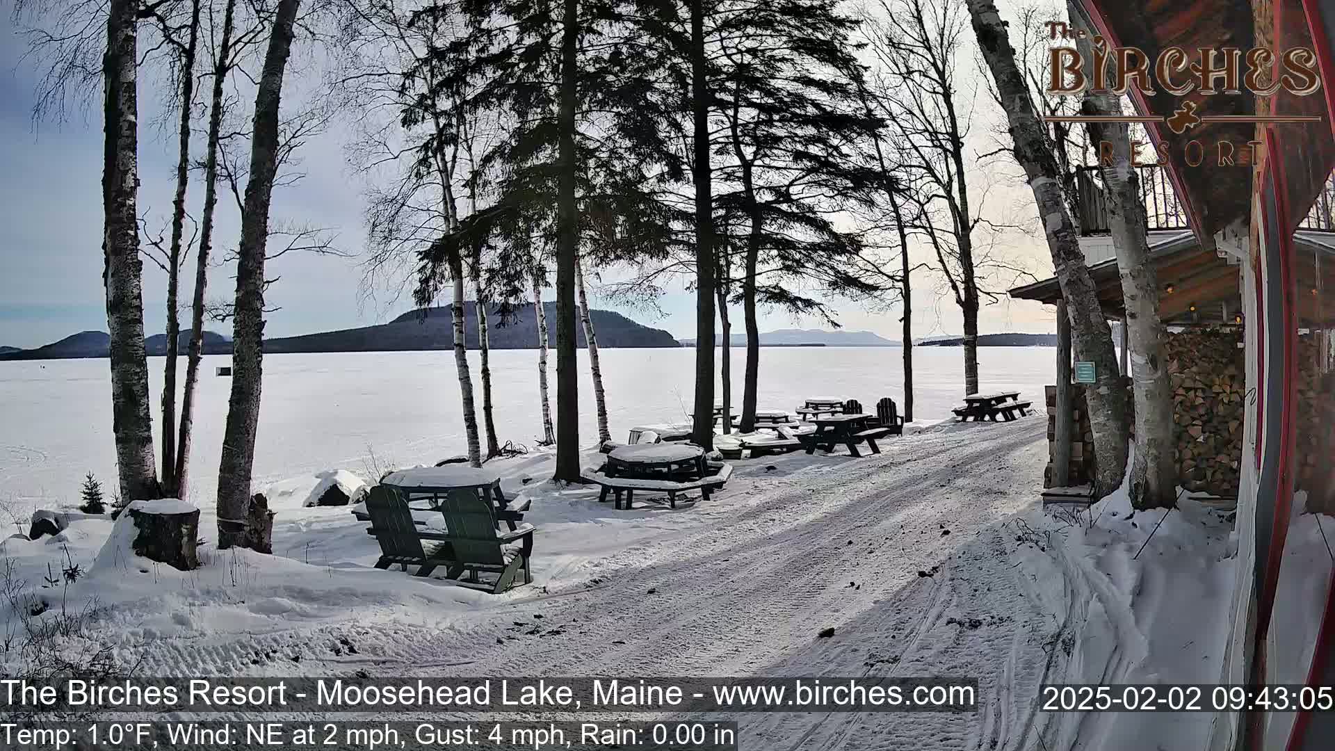 A snow-covered lakeside area with picnic tables and Adirondack chairs, under a partly sunny sky, features birch trees and a log cabin in the background.