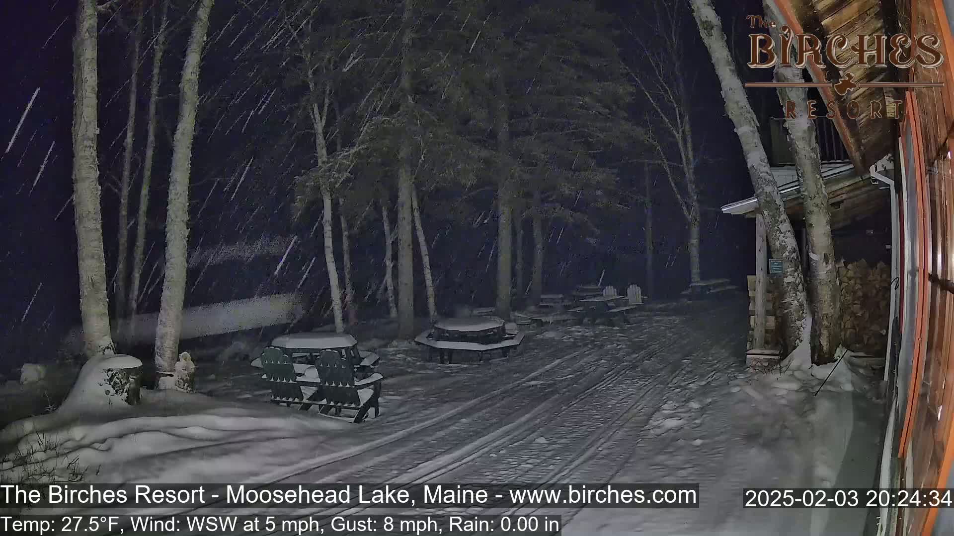 A snow-covered outdoor patio area with picnic tables is seen at night during a snowfall.