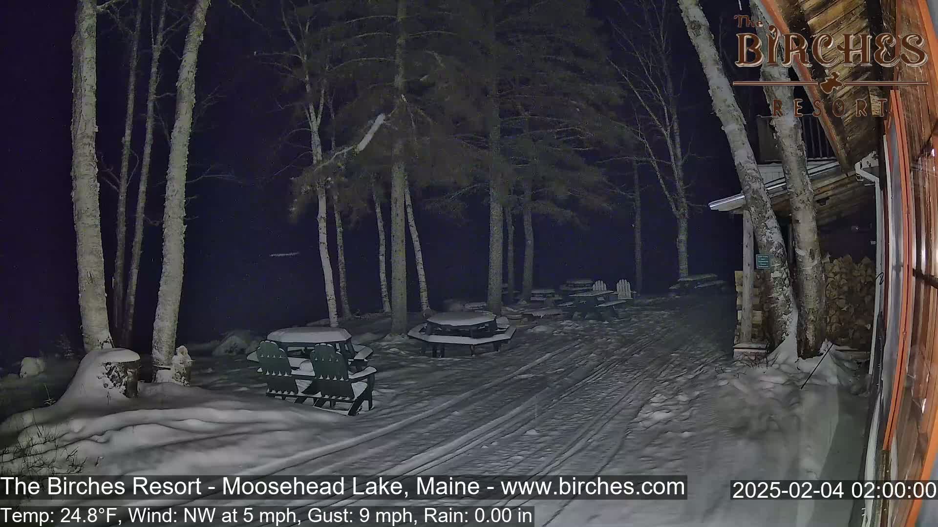 A snow-covered outdoor area at night, with picnic tables and chairs, illuminated by a building's light, under a dark sky, with several trees and a light northwest wind.