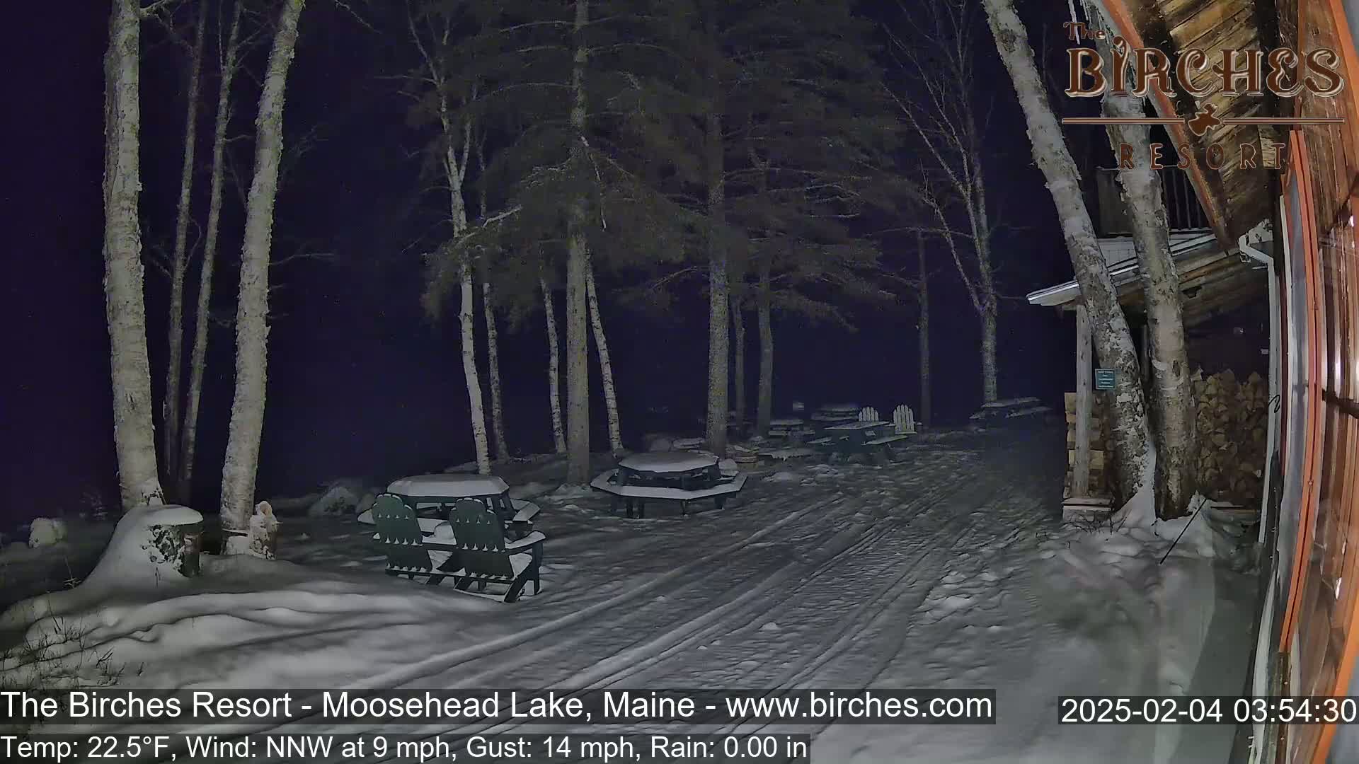 A snow-covered outdoor area at night, with picnic tables and chairs under birch trees, a building to the right, and a northwest wind.