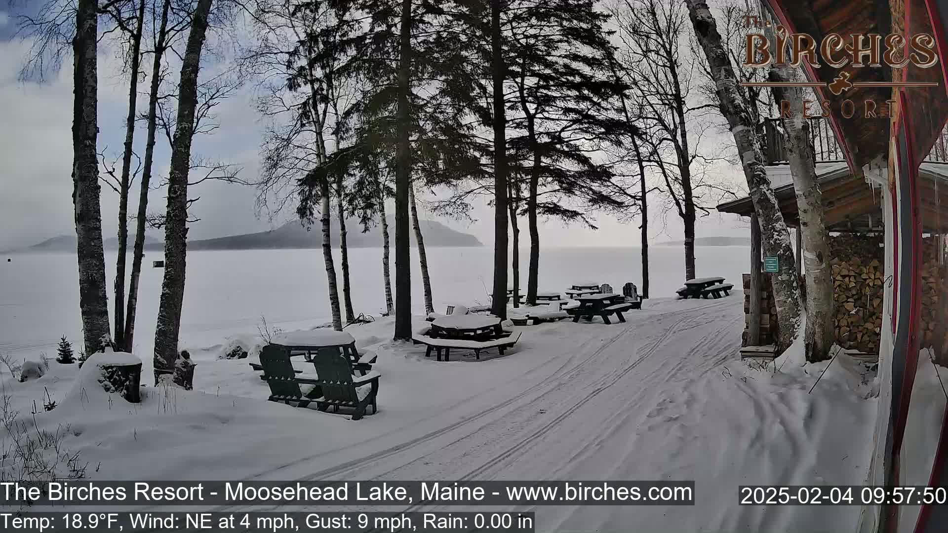 A snow-covered lakeside picnic area with several snow-dusted tables and chairs, a calm lake in the background, and bare trees under a cloudy sky.