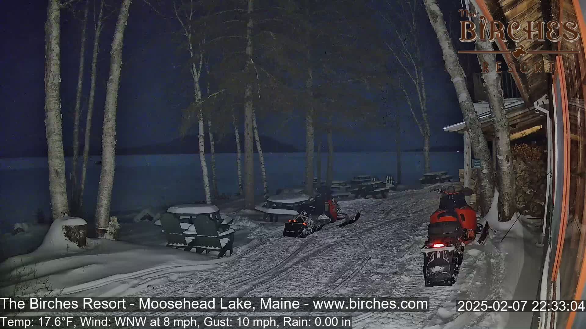 Two snowmobiles are parked near a snow-covered lakeside area at night, under a dark sky with a calm lake and birch trees.