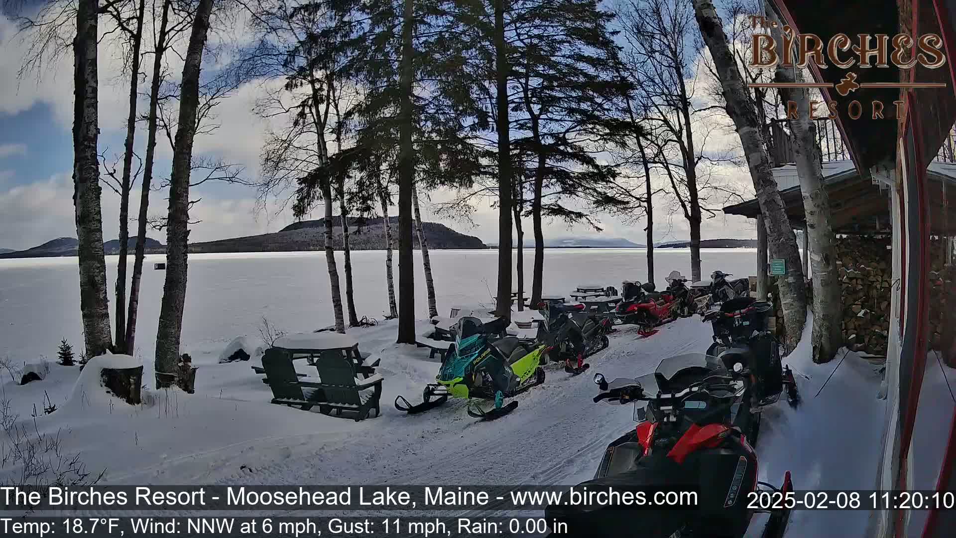 Several snowmobiles are parked near a snow-covered lakeshore with bare trees and a frozen lake under a partly cloudy sky.