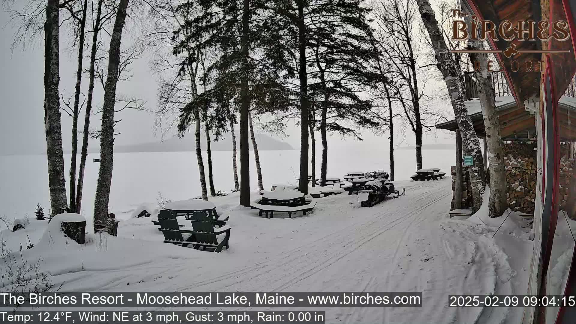 A snow-covered lakeside area with picnic tables and a snowmobile, under an overcast sky.