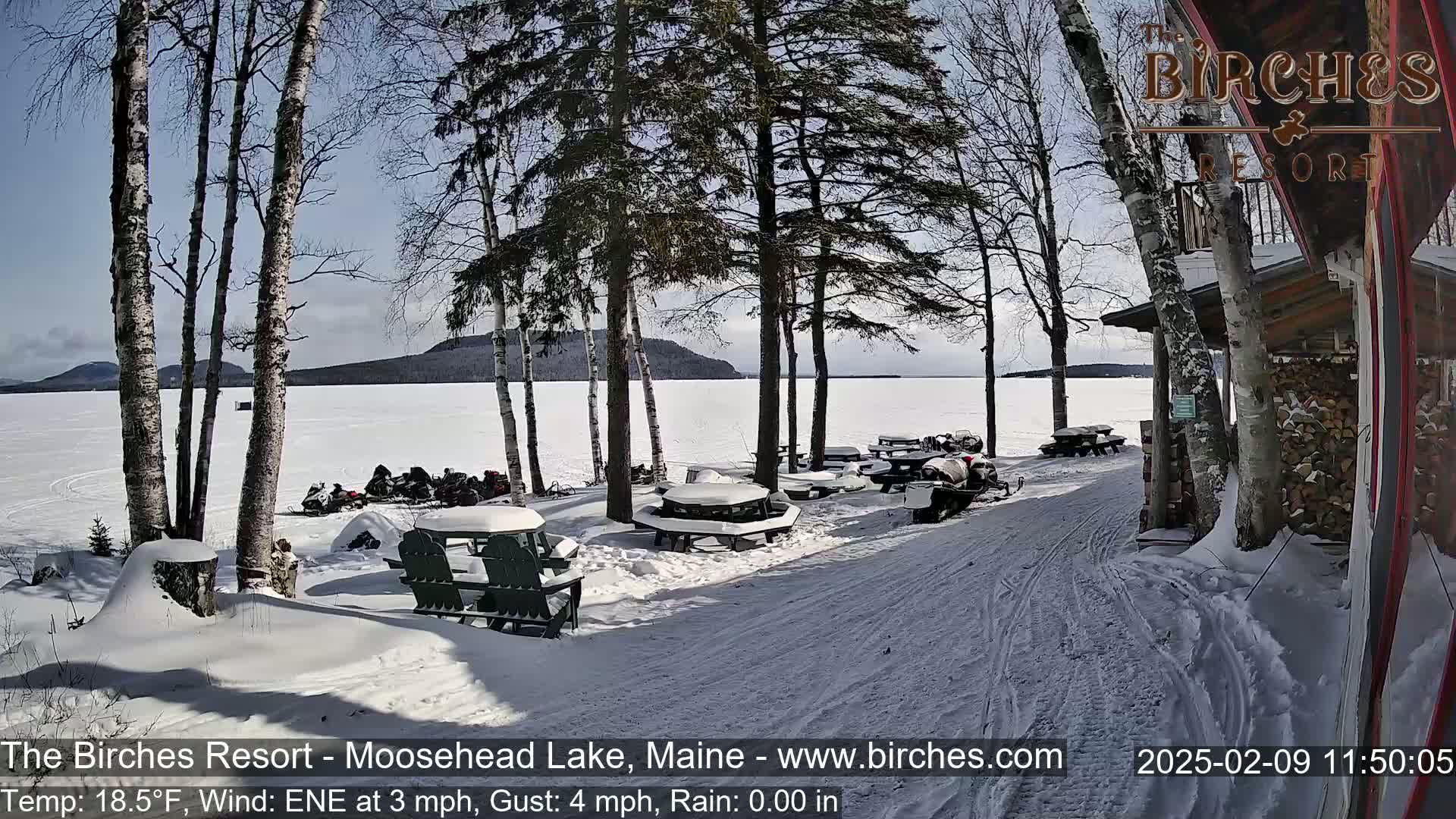 A snow-covered lakeside area with picnic tables, snowmobiles, and birch trees, under a sunny sky.