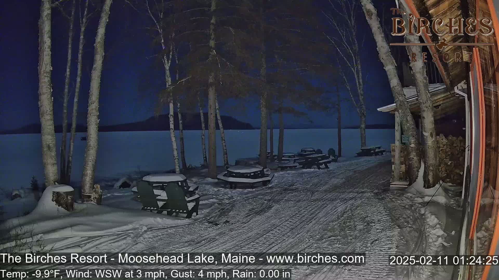 Snow-covered picnic tables sit near a lake under a dark, clear night sky.