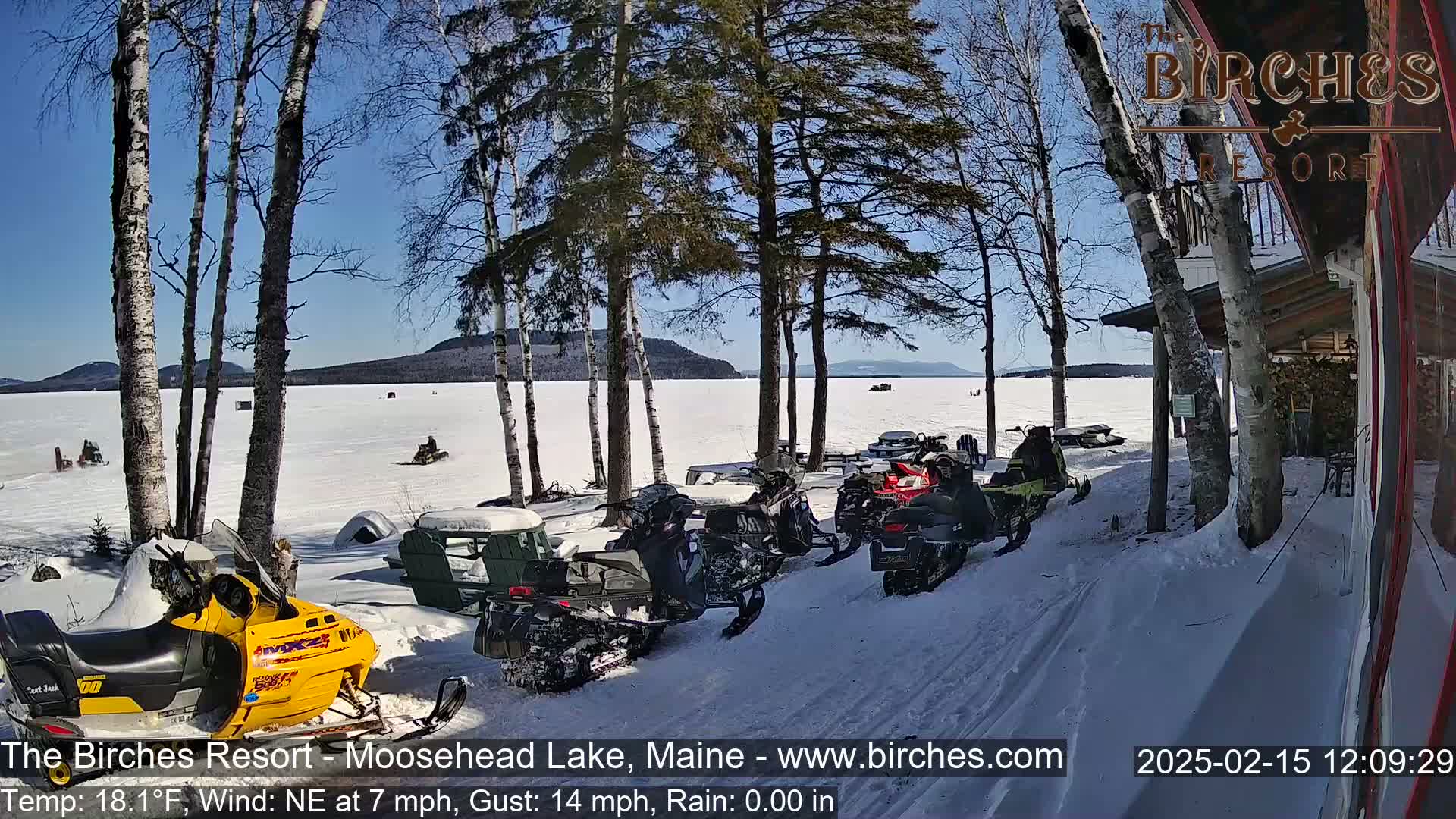 Several snowmobiles are parked near a lakeside building on a sunny, snowy day with a light northeast wind.