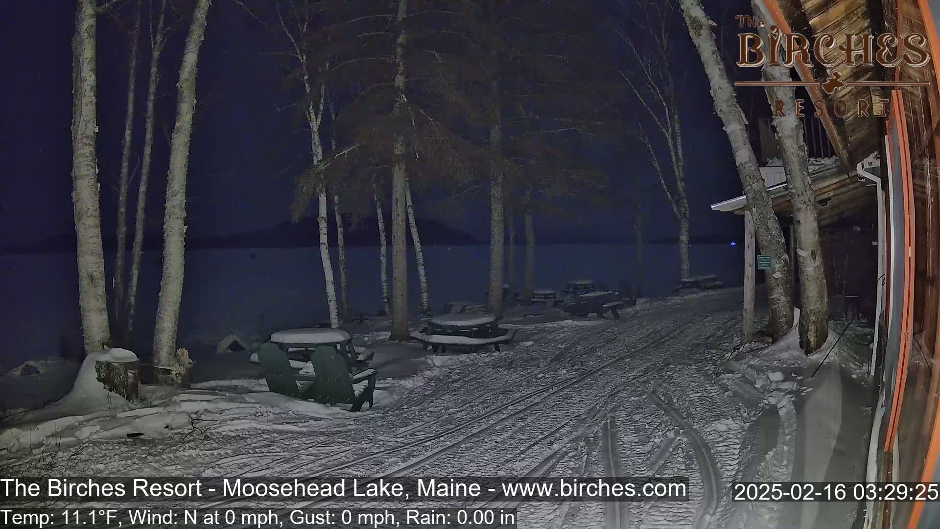 A snow-covered lakeside area at night, showing picnic tables and chairs under birch trees near a building, with calm weather conditions.