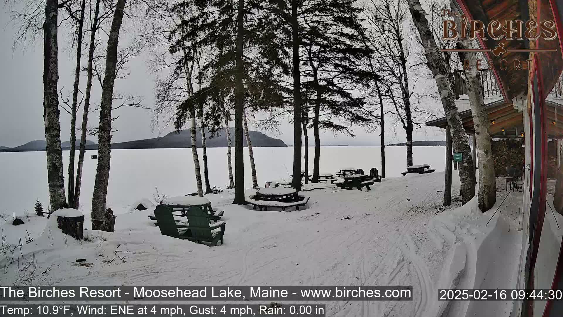A snow-covered lakeside picnic area with several empty tables and chairs, overlooking a calm lake under an overcast sky.